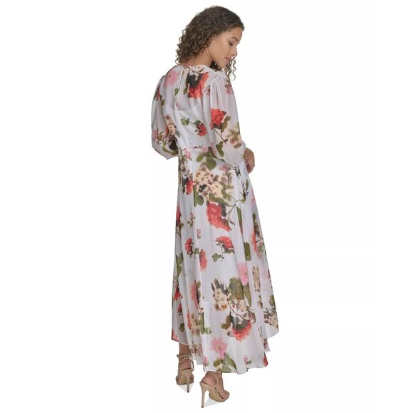 Calvin Klein White Floral-print Faux-wrap Chiffon High-low Dress 4 41894 - Picture 4 of 14